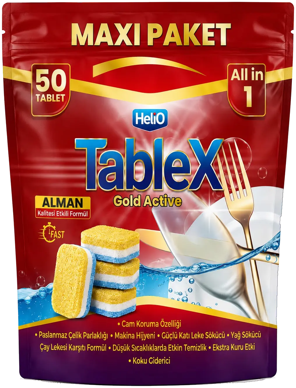 Helio TableX Gold Active 50'li Maxi Paket bulaşık makinesi tableti, All in 1, kırmızı paket