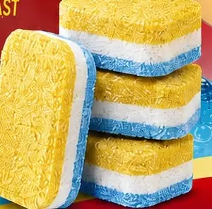Sarı-beyaz-mavi üç katmanlı Helio TableX Gold Active bulaşık makinesi tabletleri