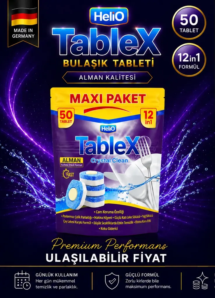 Helio TableX Crystal Clean katalog görseli: Made in Germany, 50 tablet, 12'si 1 arada formül, premium performans ulaşılabilir fiyat